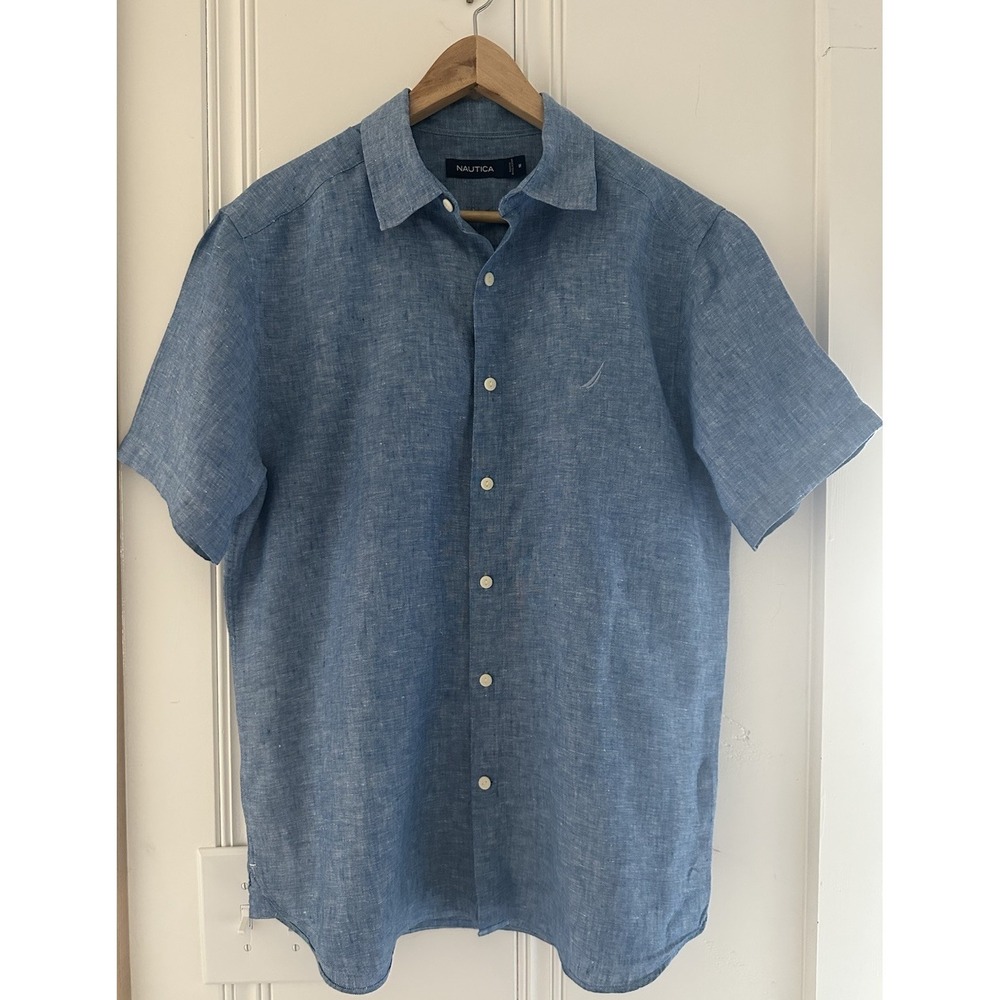 Nautica Medium Linen‎ Blend Chambray Shirt Short Sleeve Blue Wash Button Front